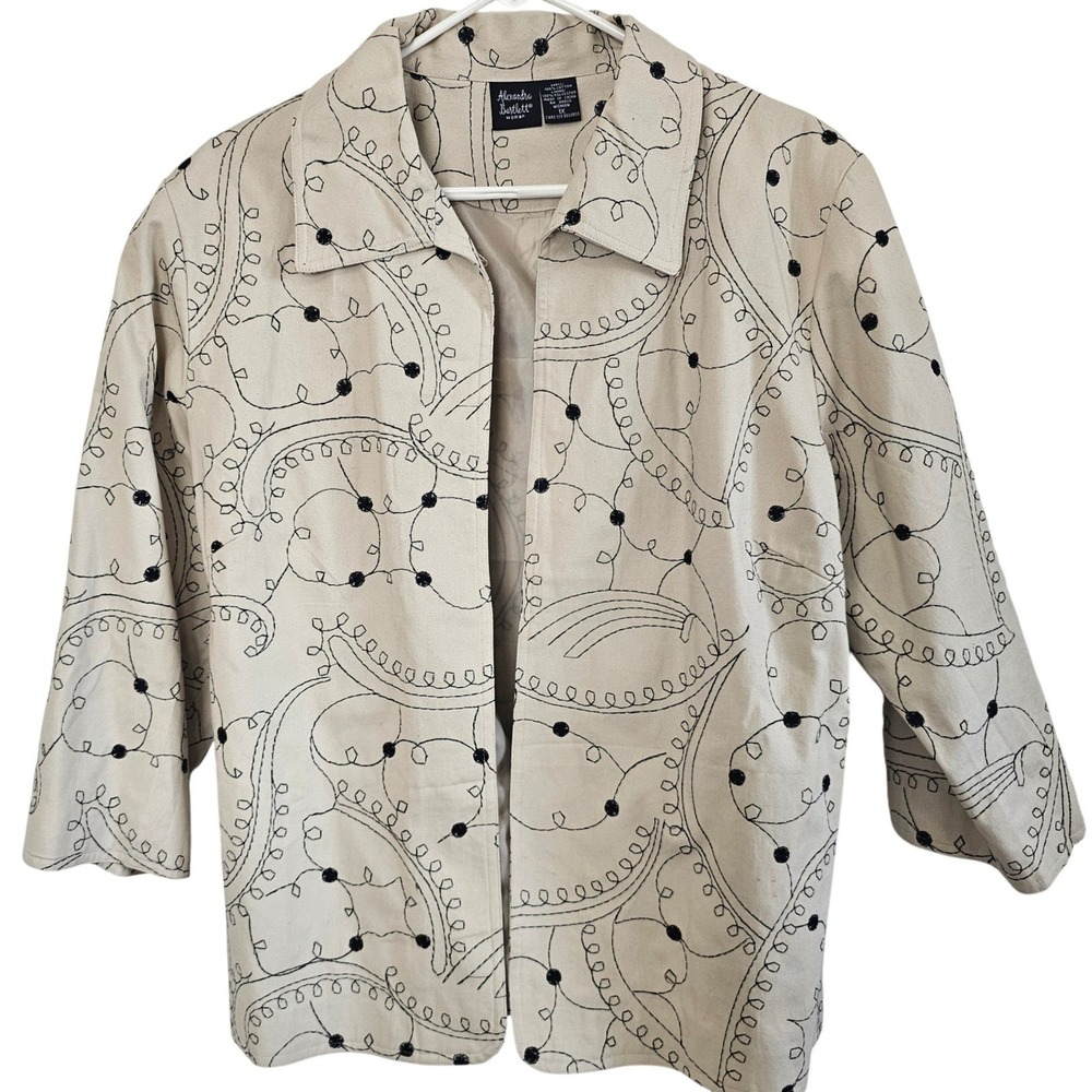 Alexandra Bartlett Woman Beige Black Embroidered Zip Up Jacket 1X Cotton Twill